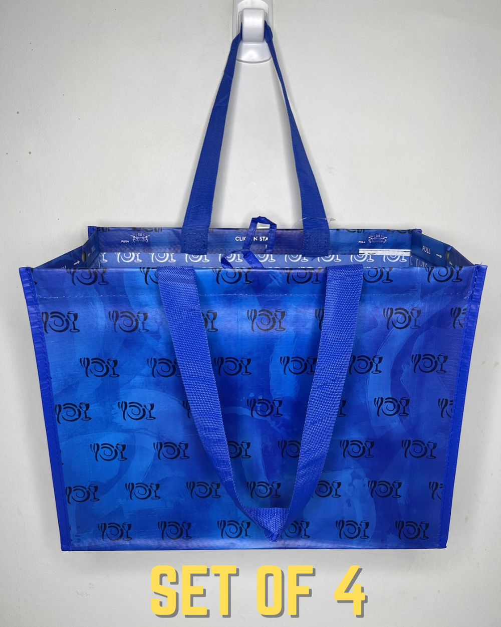 Set of 4, Wegmans Blue Click N' Stay Reusable Grocery Tote Bag w/ Liner + Pocket